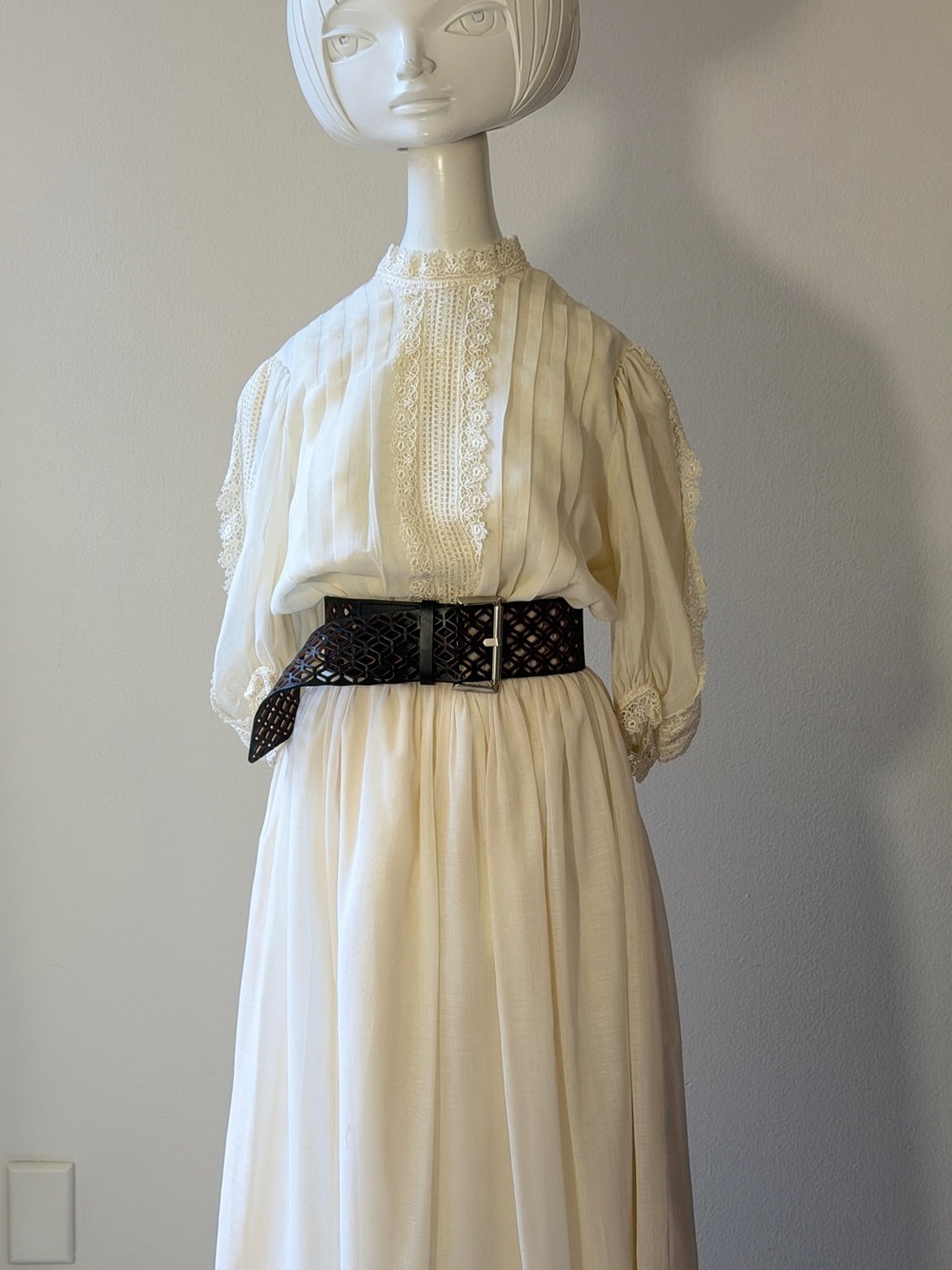 Vintage Linen Pleated Lace Dress